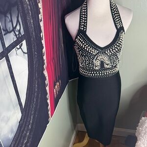 Elegant Black bandage Halter Dress with Silver Accents